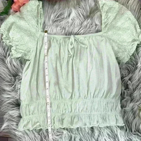 Primark Green Eyelet Floral Puff Sleeve Stretch Crop Smocked Peasant Blouse, S - Picture 9 of 12